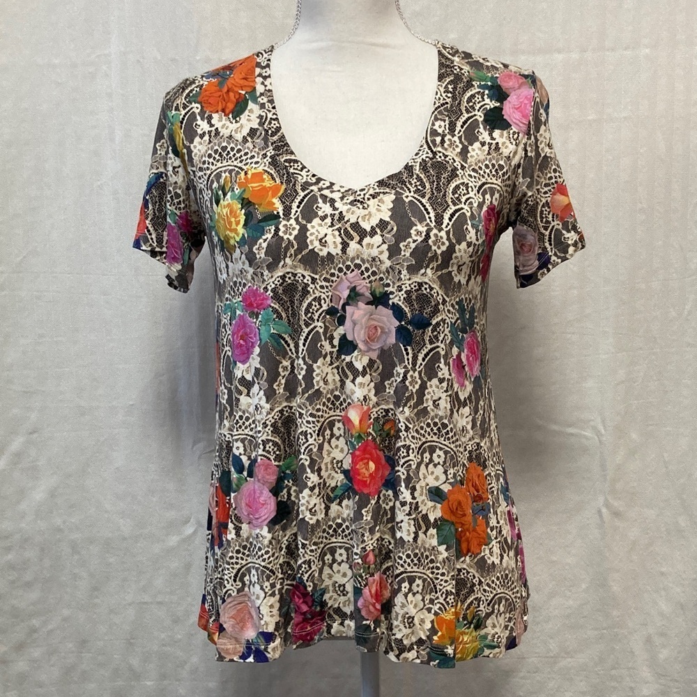 Johnny Was Rose Lace Favorite Short Sleeve V-Neck Swing